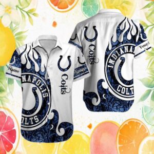 Custom Name Indianapolis Colts White & Navy Flame Pattern Hawaiian Shirt