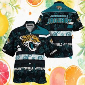 Custom Name Jacksonville Jaguars Black and Teal Tropical NFL Hawaiian Shirt
