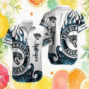 Custom Name Jacksonville Jaguars White & Teal Flame Logo Hawaiian Shirt