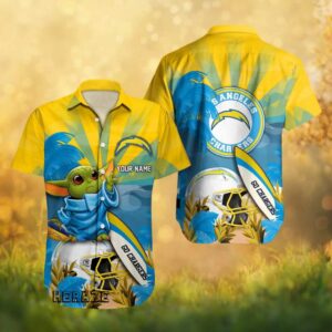 Custom Name Los Angeles Chargers Baby Yoda Grogu Tropical NFL Hawaiian Shirt