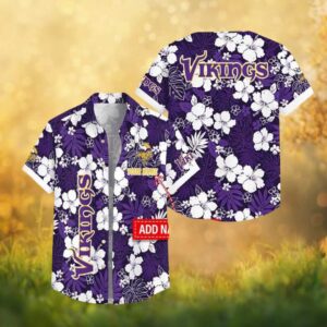 Custom Name Minnesota Vikings Dark Purple Tropical Floral Hawaiian Shirt