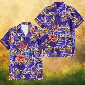 Custom Name Minnesota Vikings Floral Tropical Pattern Hawaiian Shirt