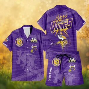 Custom Name Minnesota Vikings Grunge Player Hawaiian Shirt and Shorts Set