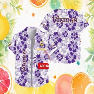 Custom Name Minnesota Vikings Purple Hibiscus Pattern Hawaiian Shirt Custom Name Minnesota Vikings Purple Hibiscus Pattern Hawaiian Shirt