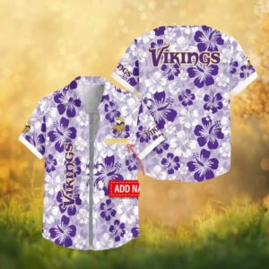 Custom Name Minnesota Vikings Purple Hibiscus Pattern Hawaiian Shirt