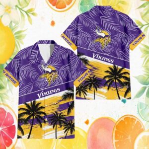 Custom Name Minnesota Vikings Sunset Beach Palm Tree Hawaiian Shirt Custom Name Minnesota Vikings Sunset Beach Palm Tree Hawaiian Shirt