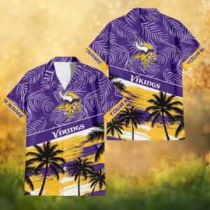 Custom Name Minnesota Vikings Sunset Beach Palm Tree Hawaiian Shirt