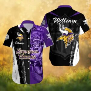 Custom Name Minnesota Vikings Warrior Spirit Black & Purple Graphic Hawaiian Shirt