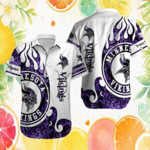 Custom Name Minnesota Vikings White & Purple Tribal Flame Graphic Hawaiian Shirt Custom Name Minnesota Vikings White & Purple Tribal Flame Graphic Hawaiian Shirt