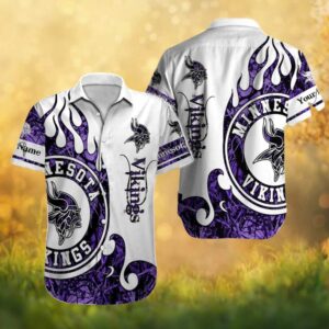 Custom Name Minnesota Vikings White & Purple Tribal Flame Graphic Hawaiian Shirt