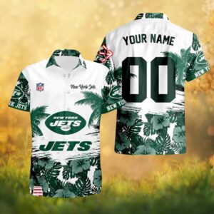 Custom Name New York Jets Palm Leaf Tropical White Hawaiian Shirt