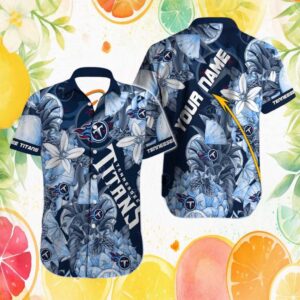 Custom Name Tennessee Titans Navy Floral Pineapple Hawaiian Shirt