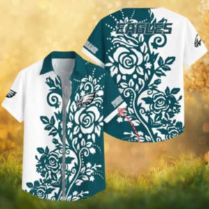 Custom Philadelphia Eagles Floral Hawaiian Shirt White & Teal Rose Art