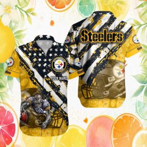 Custom Pittsburgh SHawaiian Shirtlers Name Hawaiian Shirt Cyborg Player & Star Spangled Design Custom Pittsburgh SHawaiian Shirtlers Name Hawaiian Shirt Cyborg Player & Star Spangled Design