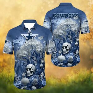 Dallas Cowboys NFL Gothic Skull & Winter Frost Blue Hawaiian Shirt