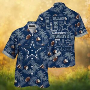 Dallas Cowboys Navy Tropical Palm Tree & Football Print Hawaiian Shirt