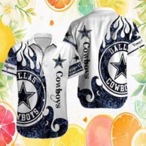 Dallas Cowboys Personalized Name Flame Graphic Navy & White Hawaiian Shirt Dallas Cowboys Personalized Name Flame Graphic Navy & White Hawaiian Shirt