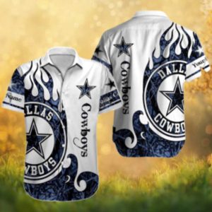 Dallas Cowboys Personalized Name Flame Graphic Navy & White Hawaiian Shirt
