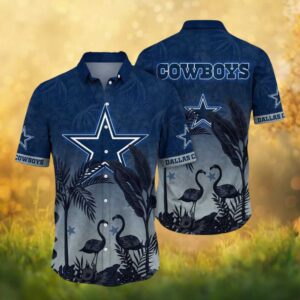 Dallas Cowboys Star Logo Shadow Flamingo & Palm Tree Hawaiian Shirt