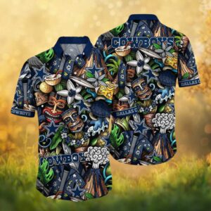 Dallas Cowboys Tiki Style Hawaiian Shirt Blue Volcano & Sea Turtle Design
