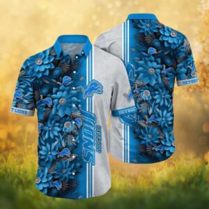 Detroit Lions 3D Floral Pattern Blue And White Hawaiian Shirt