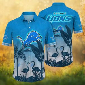 Detroit Lions Blue Flamingo Tropical Beach Scene Hawaiian Shirt Detroit Lions Blue Flamingo Tropical Beach Scene Hawaiian Shirt
