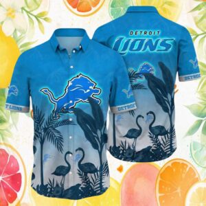 Detroit Lions Blue Flamingo Tropical Beach Scene Hawaiian Shirt