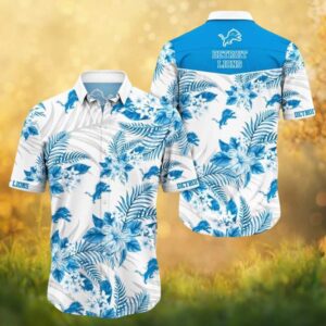 Detroit Lions Blue Hibiscus & Palm Leaf White Hawaiian Shirt