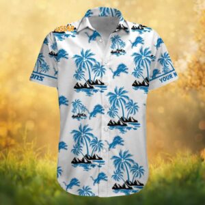 Detroit Lions Blue Palms and Mountains White Tropical Summer Hawaiian Shirt