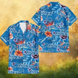 Detroit Lions Custom Name Tropical Hibiscus Floral Blue Hawaiian Shirt