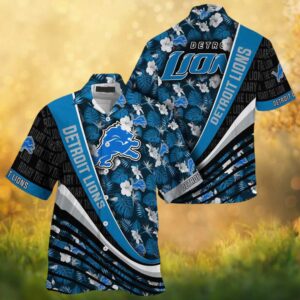 Detroit Lions Hawaiian Shirt Diagonal Stripe Tropical Jungle Leaves Design Detroit Lions Hawaiian Shirt Diagonal Stripe Tropical Jungle Leaves Design