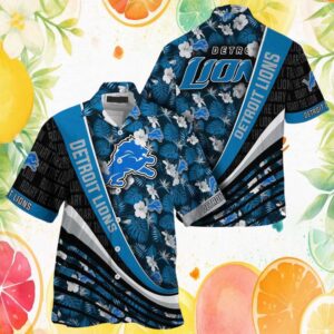 Detroit Lions Hawaiian Shirt Diagonal Stripe Tropical Jungle Leaves Design