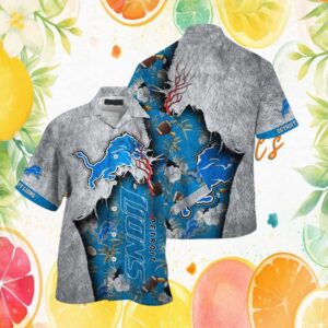 Detroit Lions Hawaiian Shirt Grey Stone Texture Tropical Floral