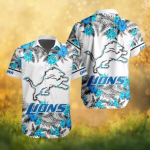 Detroit Lions Hawaiian Shirt White Floral Tropical Hibiscus Design