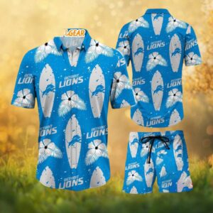 Detroit Lions Hibiscus Surfboard Blue Hawaiian Shirt and Shorts Set
