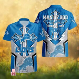 Detroit Lions Man Of God Husband Dad Cross Hawaiian Shirt