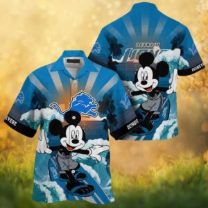Detroit Lions Mickey Mouse Surfing Blue Ocean Wave NFL Hawaiian Shirt