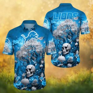 Detroit Lions NFL Skull Tree Pumpkin Halloween Light Blue Hawaiian Shirt Detroit Lions NFL Skull Tree Pumpkin Halloween Light Blue Hawaiian Shirt