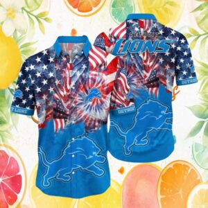 Detroit Lions Patriotic American Flag Fireworks Hawaiian Shirt