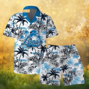 Detroit Lions Tropical Flamingo Palm Tree Hawaiian Shirt and Shorts Set