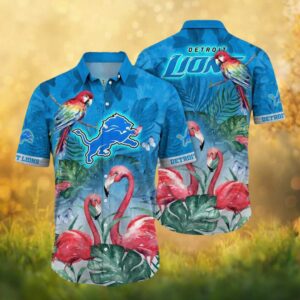 Detroit Lions Tropical Paradise Hawaiian Shirt Blue Jungle Leaves & Parrot Design