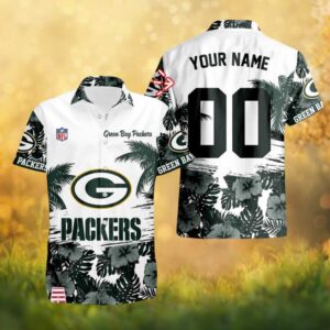 Green Bay Packers Custom Name & Number Tropical Hibiscus White Hawaiian Shirt Green Bay Packers Custom Name & Number Tropical Hibiscus White Hawaiian Shirt