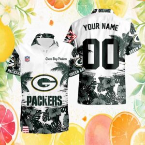 Green Bay Packers Custom Name & Number Tropical Hibiscus White Hawaiian Shirt