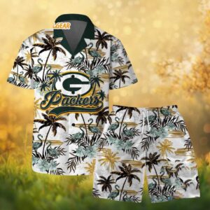 Green Bay Packers Flamingo & Palm Tree Beach Scene Hawaiian Shirt and Shorts Set