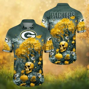 Green Bay Packers Halloween Skull and Pumpkin Floral Dark Fantasy Button Up Hawaiian Shirt Green Bay Packers Halloween Skull and Pumpkin Floral Dark Fantasy Button Up Hawaiian Shirt