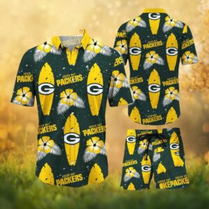 Green Bay Packers Hibiscus Surfboard Green Hawaiian Shirt and Shorts Set