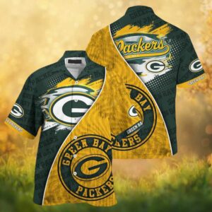Green Bay Packers NFL Hawaiian Shirt Dark Green and Gold Split Brush Style Green Bay Packers NFL Hawaiian Shirt Dark Green and Gold Split Brush Style