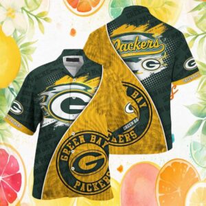 Green Bay Packers NFL Hawaiian Shirt Dark Green and Gold Split Brush Style