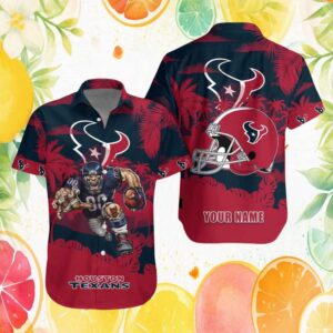 Houston Texans NFL Helmet & Player Red Tropical Palm Custom Hawaiian Shirt