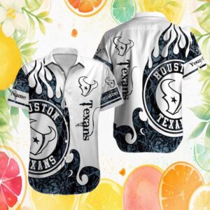 Houston Texans NFL Tribal Flame Graphic Custom Name White Hawaiian Shirt